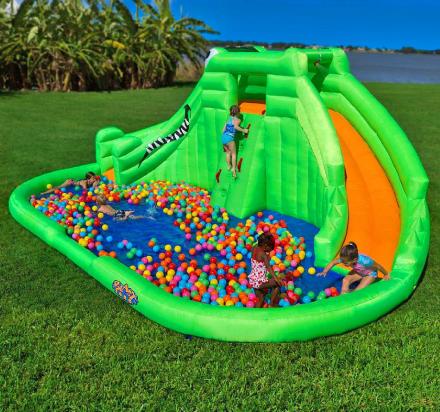 Crocodile Isle Inflatable Water Park with Dual Slides and Ball Pit Splash Pool
