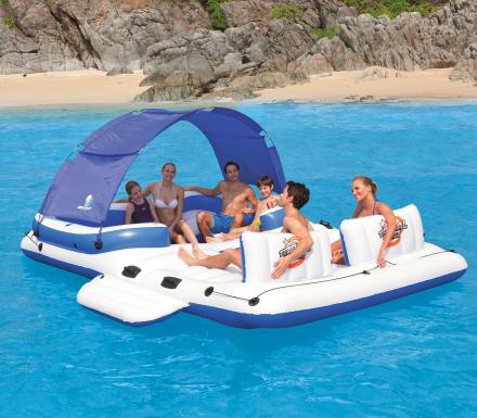 Inflatable Floating Island Seats 10, Features Integrated Cooler and Shade Canopy