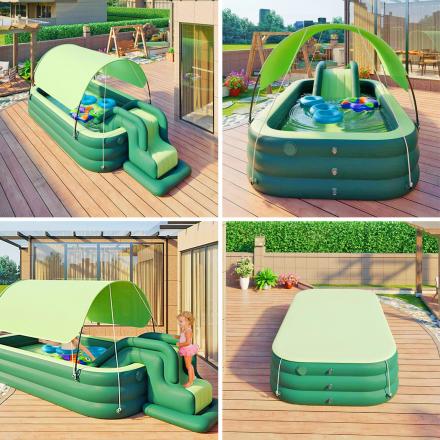 This Inflatable Kids Pool Has an Inflatable Slide and An Awning That Seals The Pool At Night