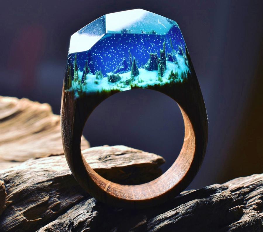 Beautiful Wooden Rings With Mini Landscapes Encapsulated 