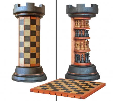 This Incredible Rook Tower Has a Pack-away Flexible Wooden Chess Board That Wraps Around It