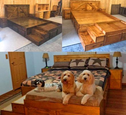 This Wooden King Bed Has Built In Stairs Along With Extra Space At The End Of It For Your Dogs
