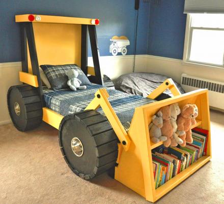 This Construction Truck Kids Bed Has a Built-In Bookshelf In The Bucket