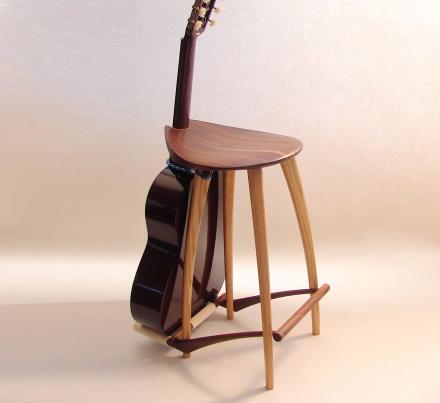 This Elegant Wooden Stool Has an Integrated Guitar Stand