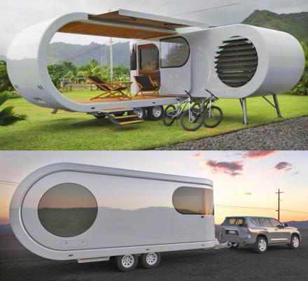 This Futuristic Camping Trailer Rotates Around To Reveal Huge Party Deck