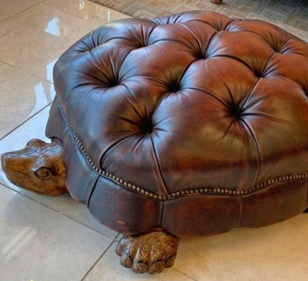 This Hand-Carved Wooden and Leather Tortoise Ottoman Will Classy-Up Any Room