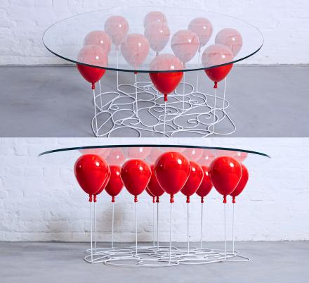This Incredible UP-Inspired Table Is Made To Look Like Balloons Are Holding Up The Glass Tabletop