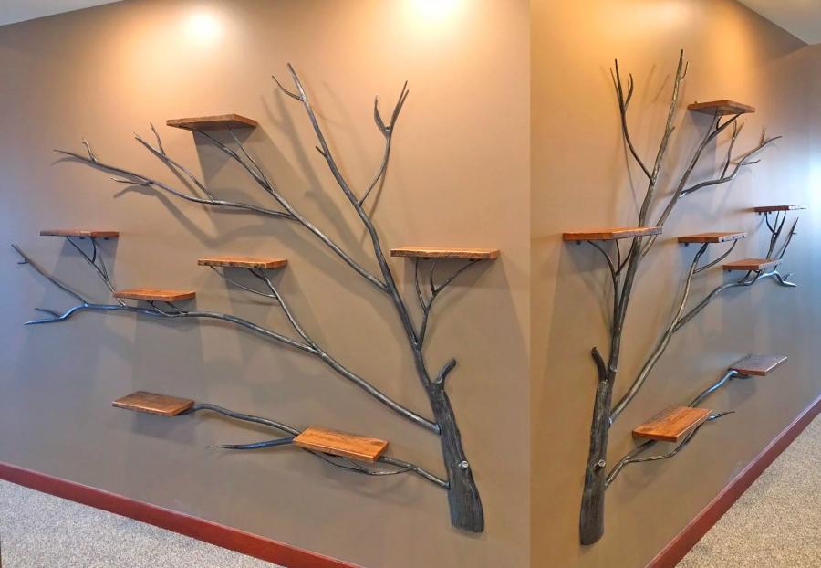 Giant Iron Tree With Wooden Wall Shelves - The Tree Of Life Home Decor