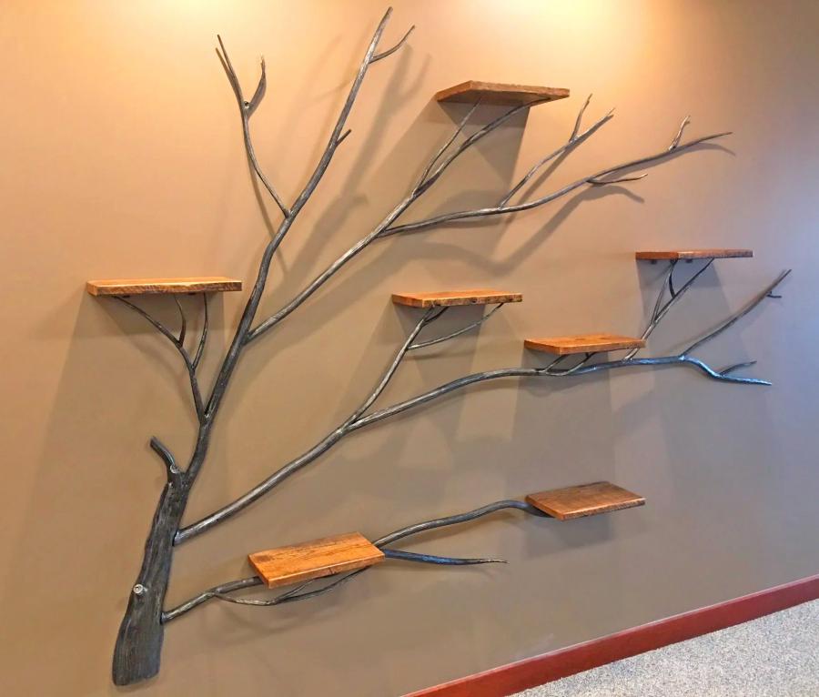 Giant Iron Tree With Wooden Wall Shelves - The Tree Of Life Home Decor