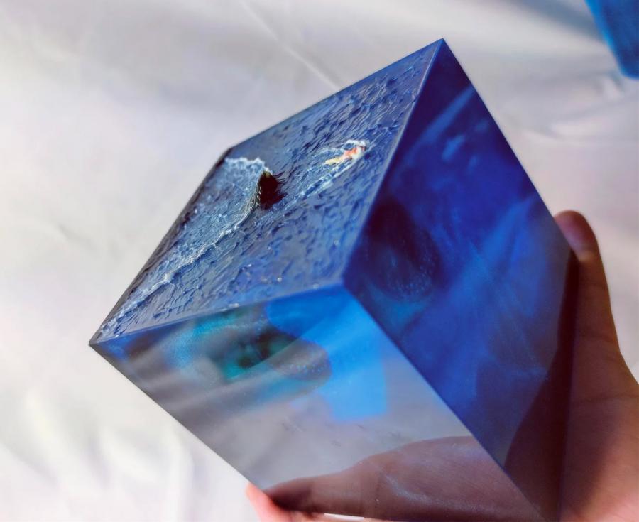 Cube Shaped Megalodon Shark Epoxy Night Light Lamp