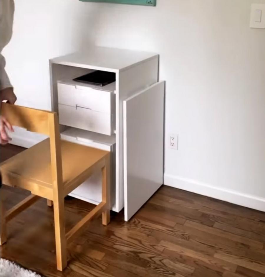 Transforming Cabinet Turns Into Tiny Desk With a Hidden Chair