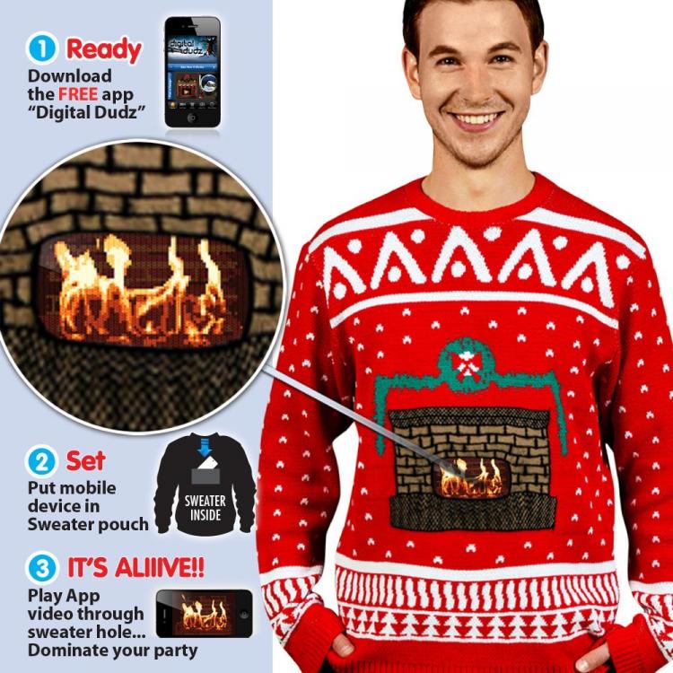The ugly Christmas sweater with an animated fireplace is a sweater that works along side your smartphone to display an animated fireplace within your sweater that actually crackles and sounds like a r...