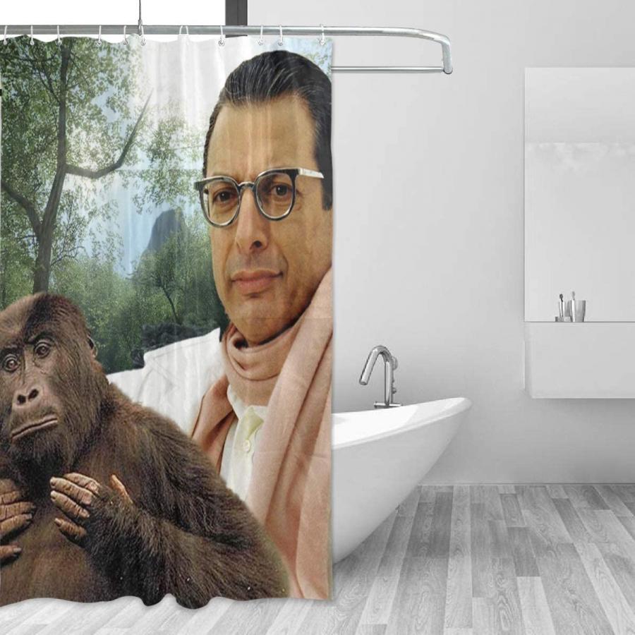 Jeff Goldblum with a monkey shower curtainJeff Goldblum with a monkey shower curtain