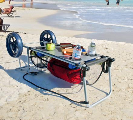 This Ingenious Beach Cart Converts Into a Beach Table With Integrated Cupholders