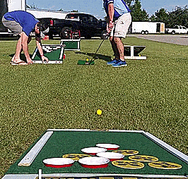 ordbog Meander Maiden Beer Pong Golf: Chip Golf Balls Onto a Cornhole Board