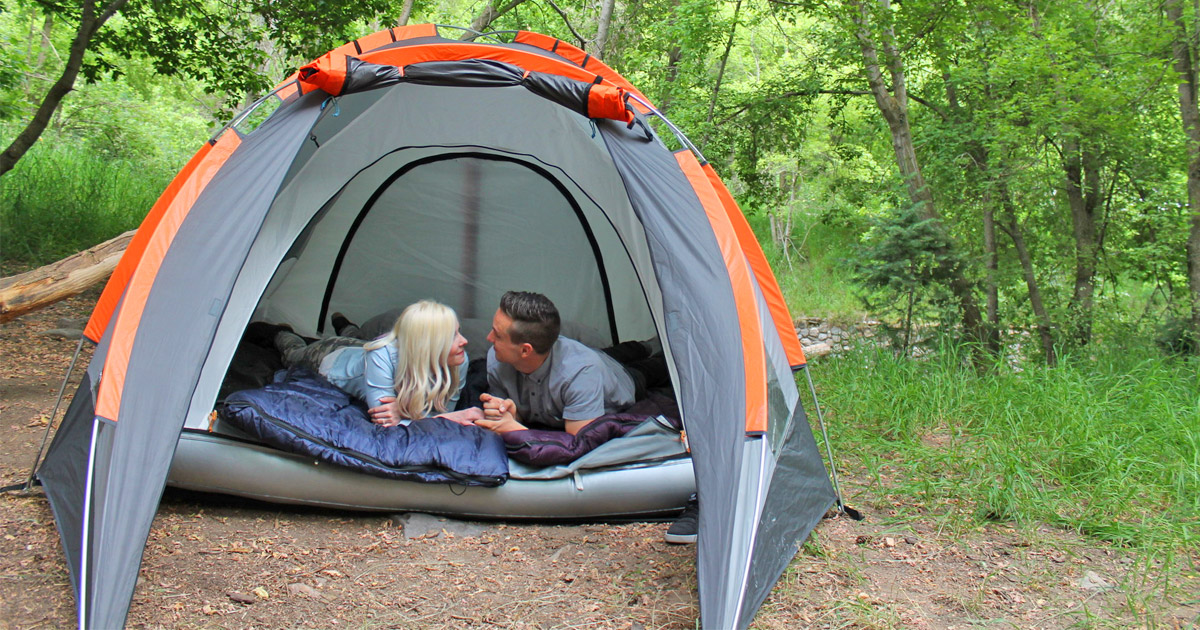 Camping Tent With An Inflatable Mattress Built In To The Bottom