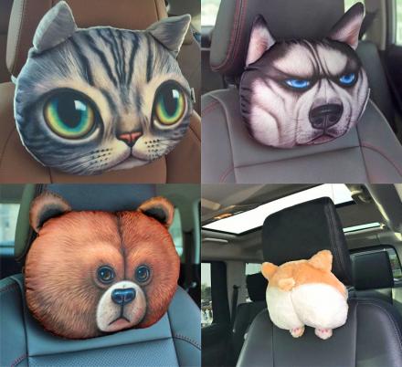 Cute Cat and Dog Head Car Seat Pillows
