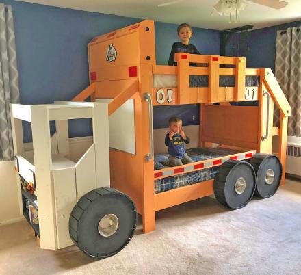 This Garbage Truck Bunk Bed Has a Desk and Bookshelf In The Cabin Of The Truck