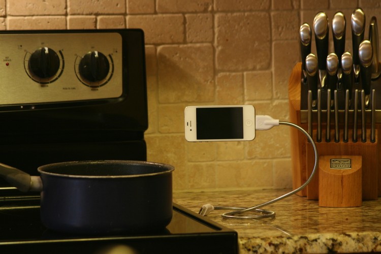 Flexible iPhone Stand and Charger - Rugged Stainless steel charging cable doubles as a phone mount
