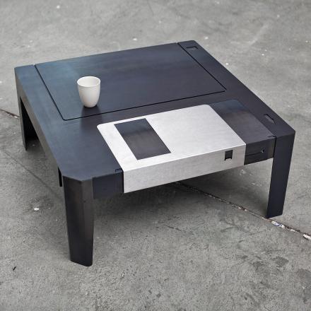This Retro Floppy Disk Coffee Table Features a Hidden Storage Area By Sliding The Metal Shutter