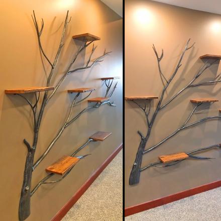 This Giant Iron Tree With Wooden Wall Shelves Adds Incredible Rustic Design To Your Home