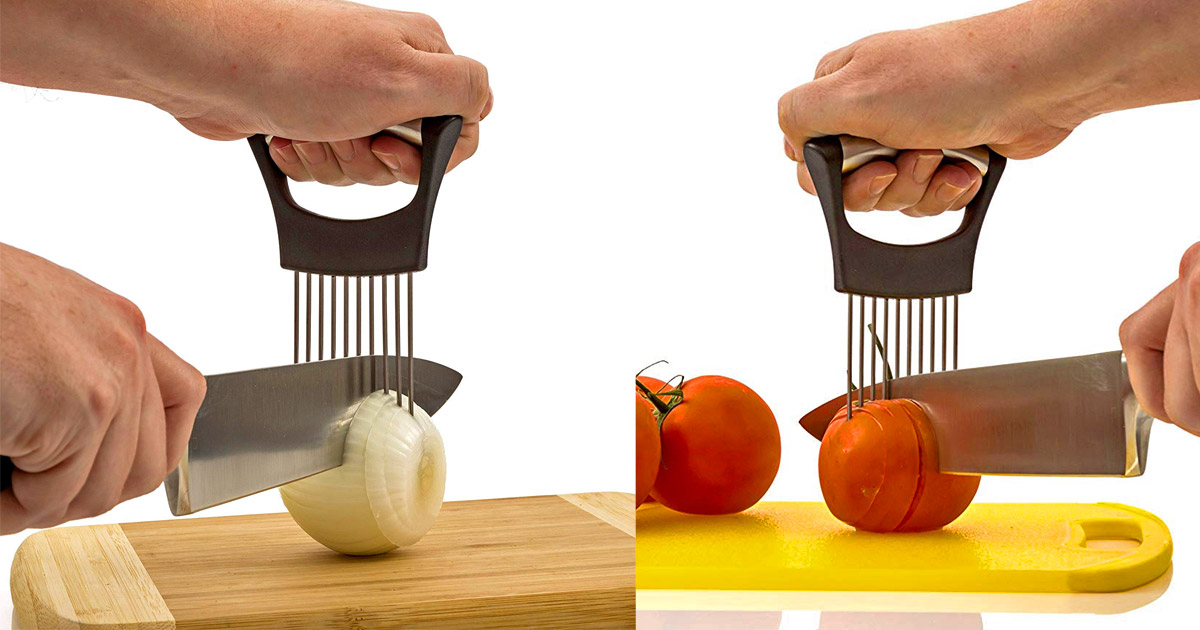 Pronged Onion Holder Helps Slice Onions Quickly and Easily