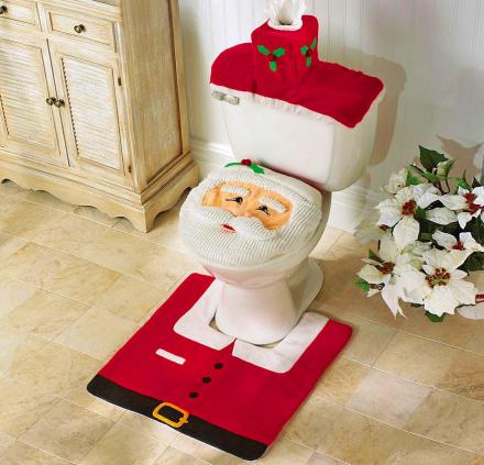 Santa Toilet Cover And Rug Set With Integrated Tissue Box Holder