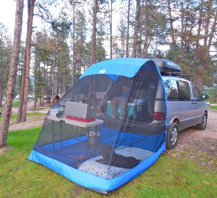 Minivan shop tent attachment