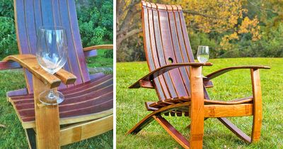 This Adirondack Chair Is Made From an Old Wine Barrel and Has a Slot For a Wine Glass
