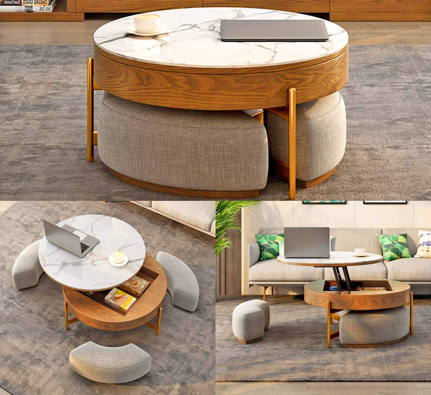 This Amazing Rising Coffee Table Has 3 Integrated Ottomans That Hide Underneath It