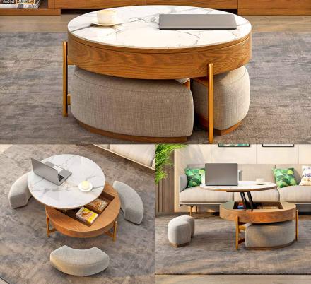 This Amazing Rising Coffee Table Has 3, Round Coffee Table Ottomans Underneath