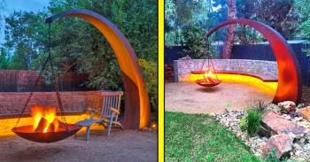 This Hanging Fire Pit Is Held Up With A Giant Arching Metal Beam