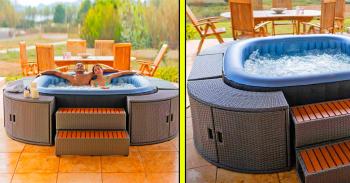 This Modular Hot Tub Surround Table Gives You Easy Access To Drinks and Storage