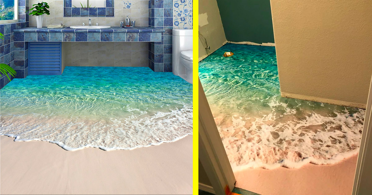 This SelfAdhesive Beach Floor Mural Turns Your Bathroom Into a Sandy Beach