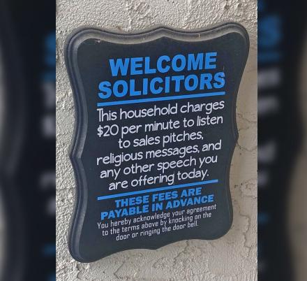 Blue - No Soliciting MUGZYMUGZ Funny NO Soliciting Sign This House Charges Front Door Decor 