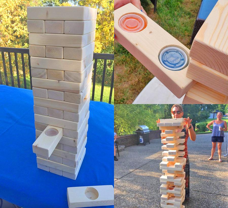Tipsy Giant Jenga Game Has Random Blocks With Jello Shots Hidden Inside That You Take If You Pull