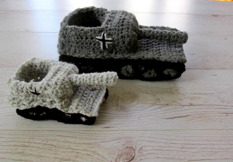 Crochet Tank Slippers - Funny tank shaped knit slippers - Father son tank slippers
