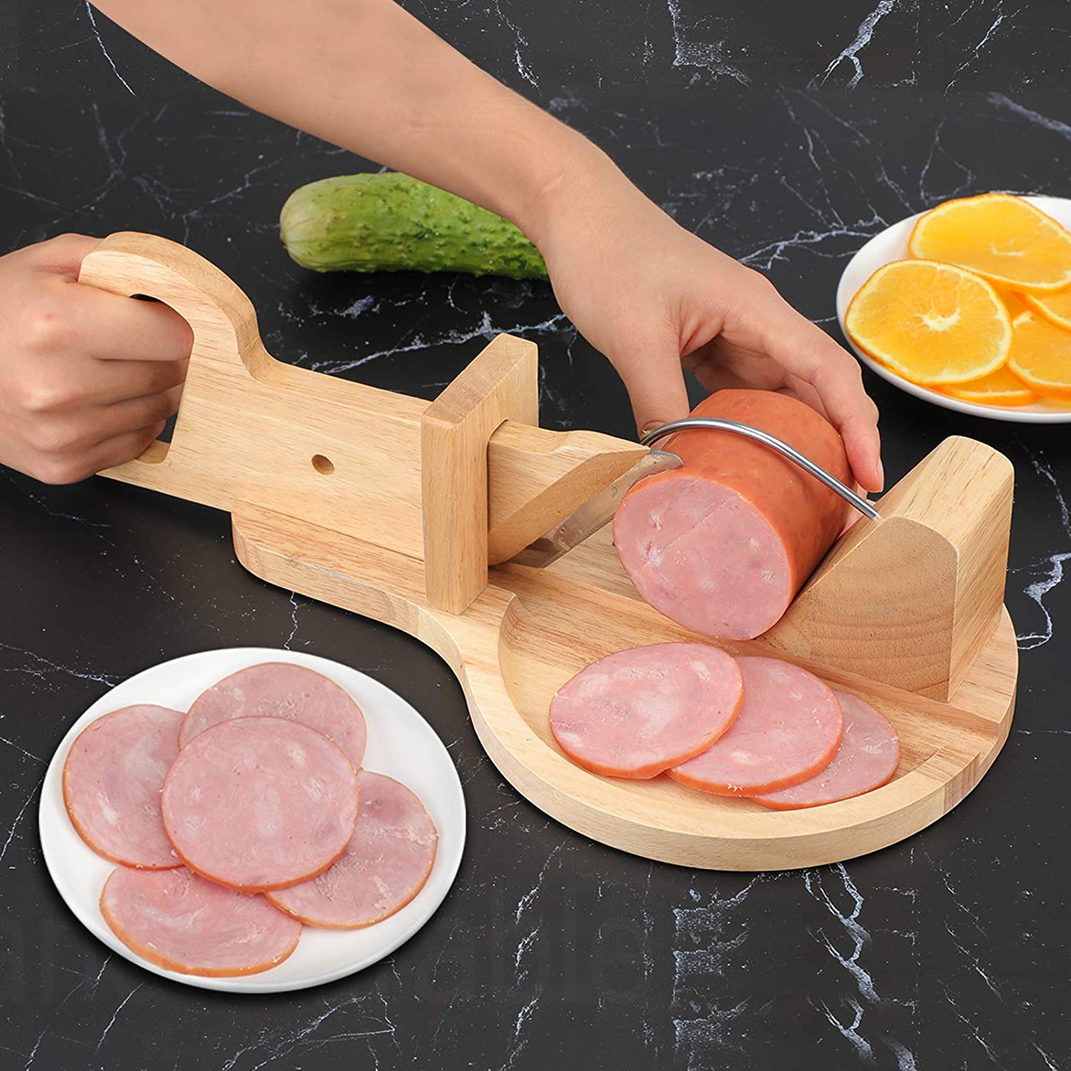 The slicer cuts the whole salami into pieces in a matter of seconds.