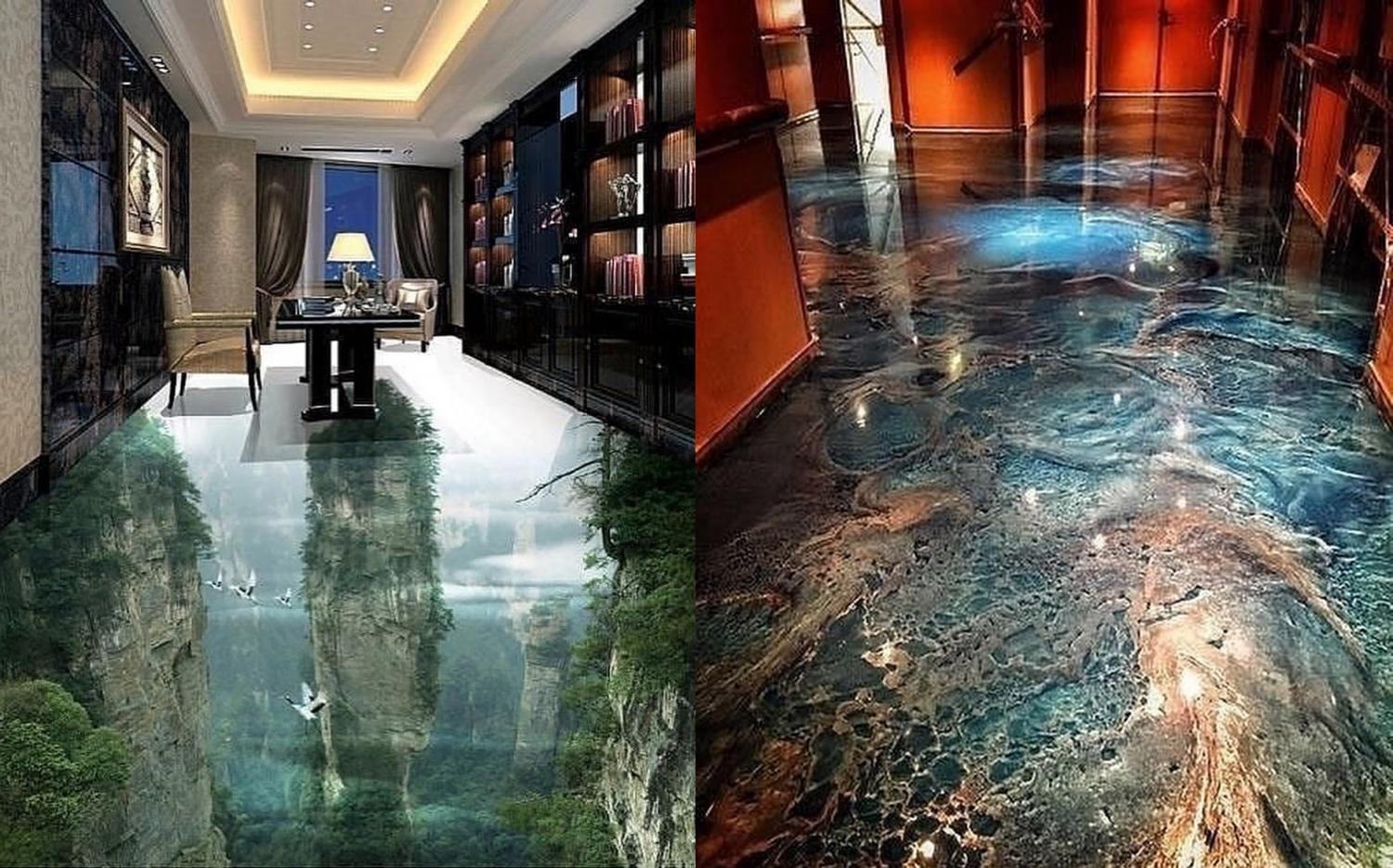 living room unique epoxy flooring