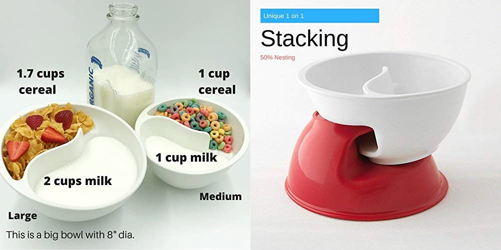 Kitchen Discovery Divided Cereal Bowl Anti Soggy, 2 Section Plastic Bowl Separates Milk from Cereal for Delicious Crunch, Soup and Side Bowl for