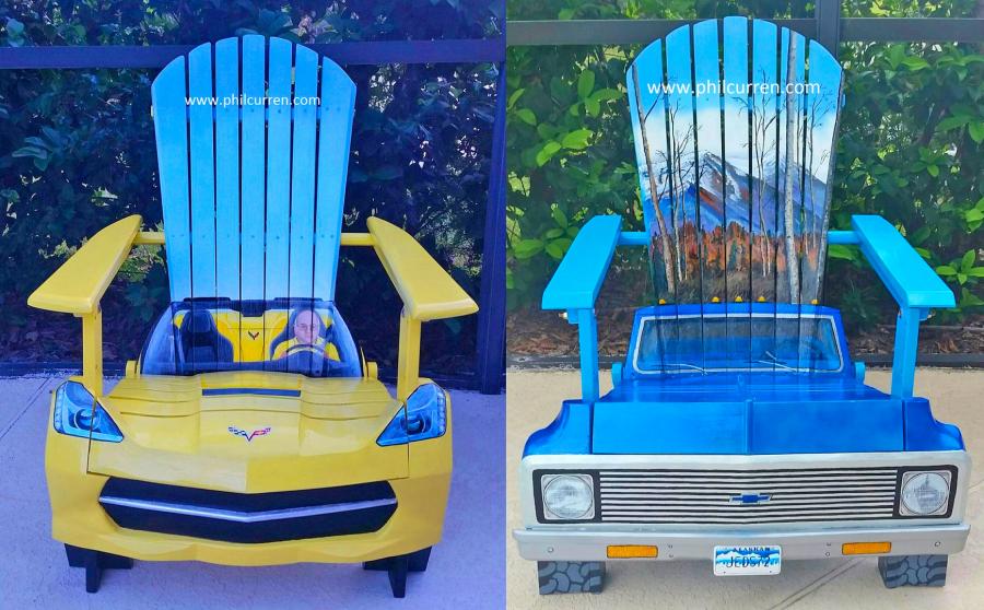 Custom Adirondack chairs made into classic cars and trucks made by artist Phil Curren