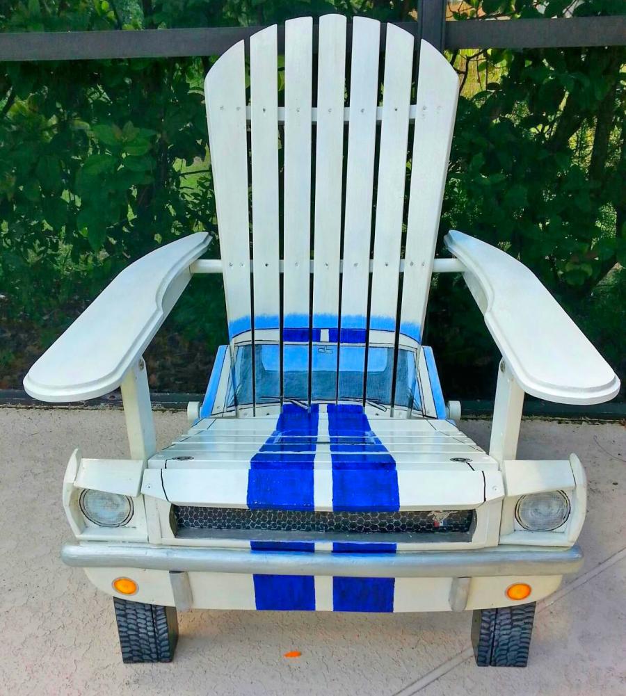 Custom Adirondack chairs made into classic cars and trucks made by artist Phil Curren