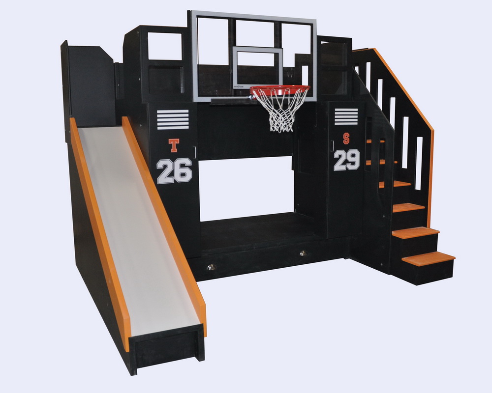 Basketball Hoop Bunk Bed With personalized Lockers and a slide