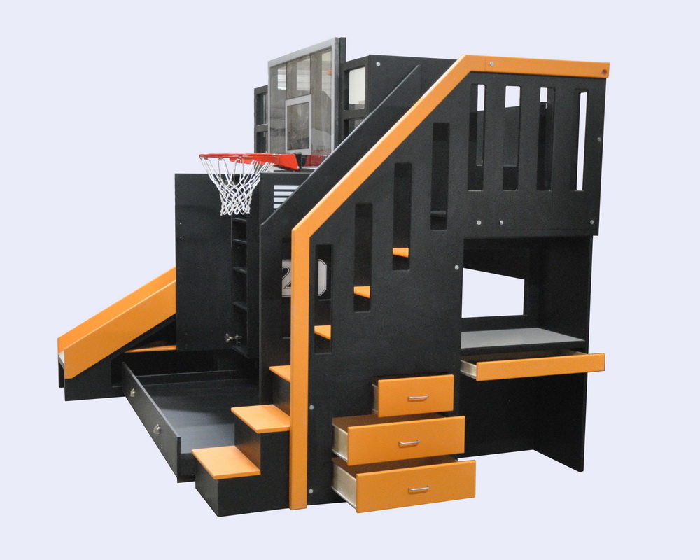 Basketball Hoop Bunk Bed With personalized Lockers and a slide