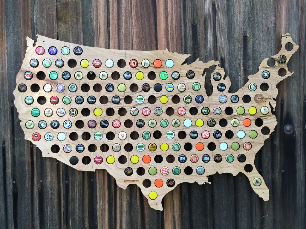 United States Beer Cap Maps - State Shaped wooden beer cap maps for collecting beer caps