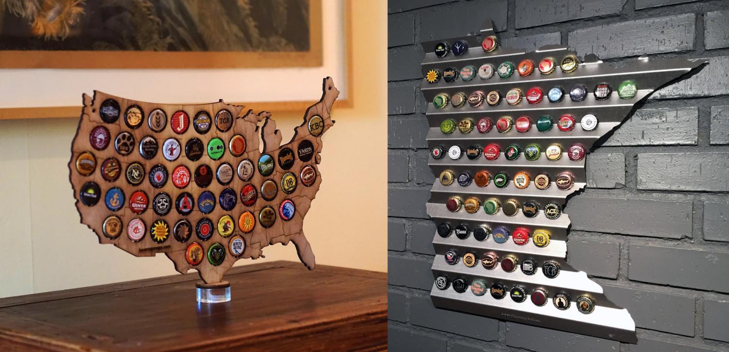 United States Beer Cap Maps - State Shaped wooden beer cap maps for collecting beer caps