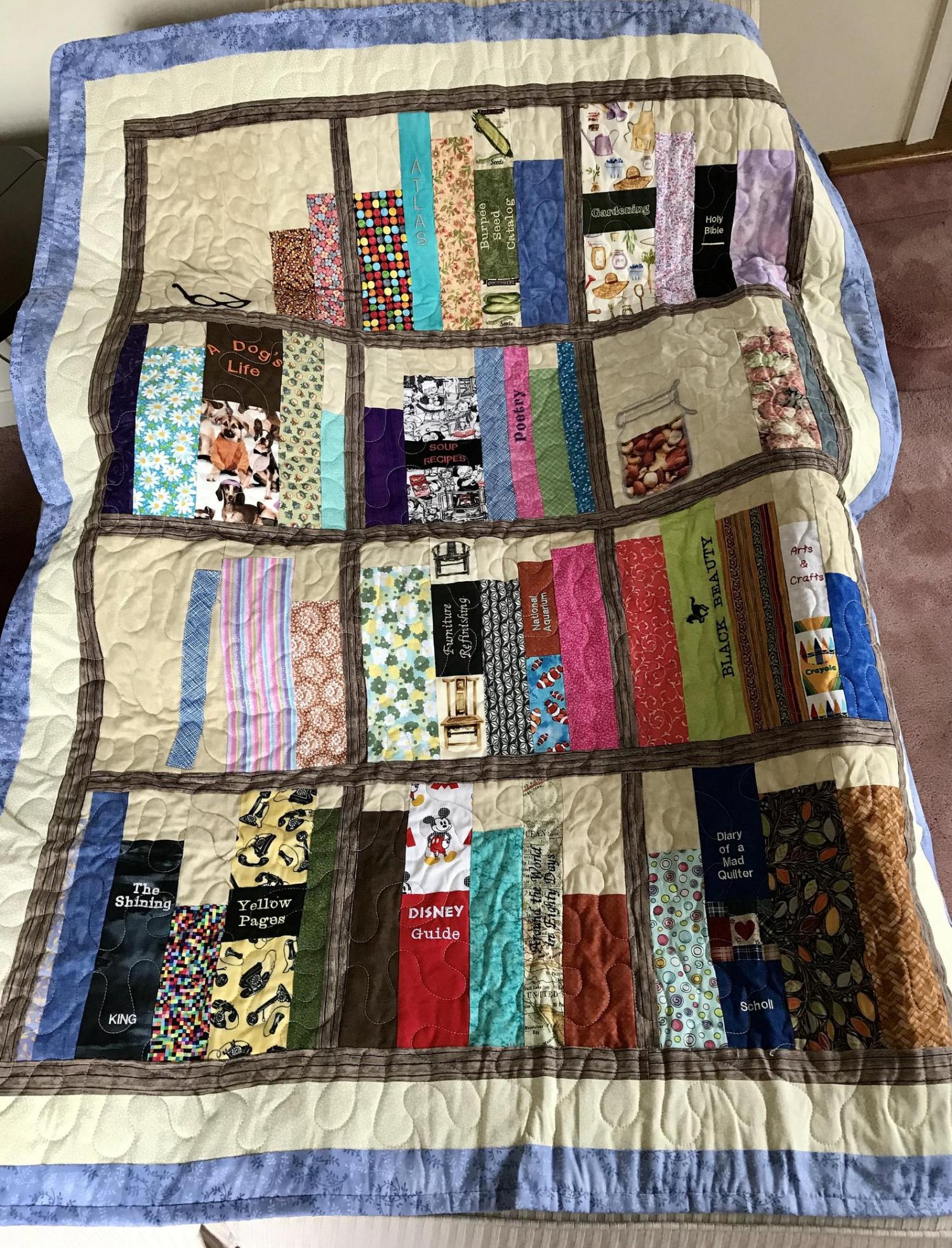 Custom Bookcase Quilt Customized With Your Favorite Books, Hobbies, and Family Photos