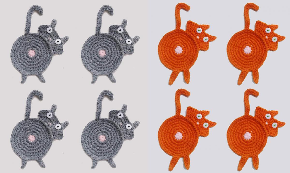 Funny Knitted Cat Coaster for Drinks Crochet Cat Coasters