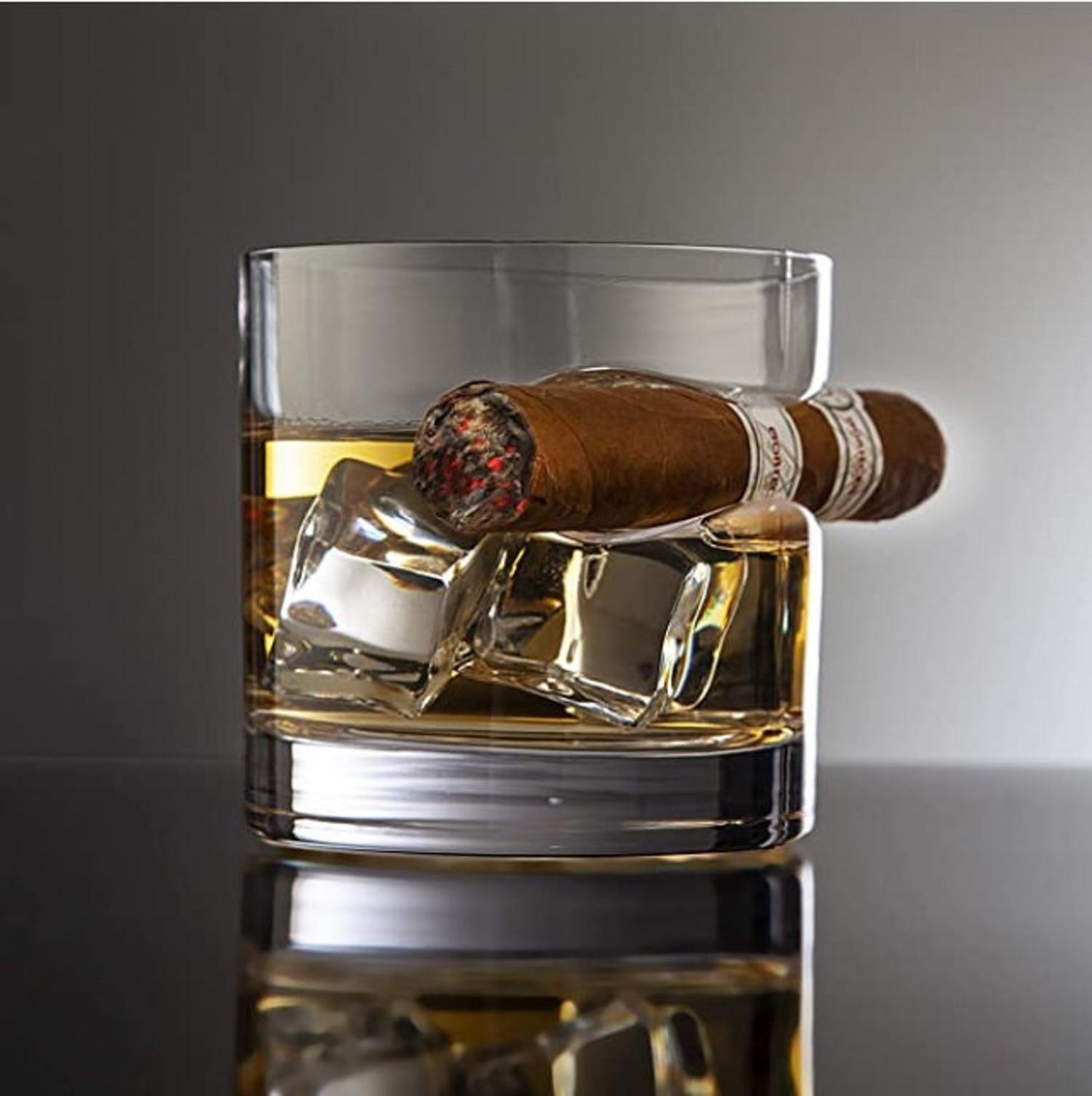 Cigar Holding Whiskey Glass - Scotch Glass Holds a Cigar on the side of it