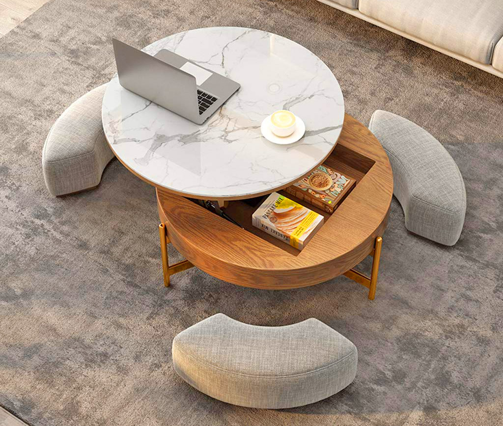 This Amazing Rising Coffee Table Has 3 Integrated Ottomans That Hide Underneath It